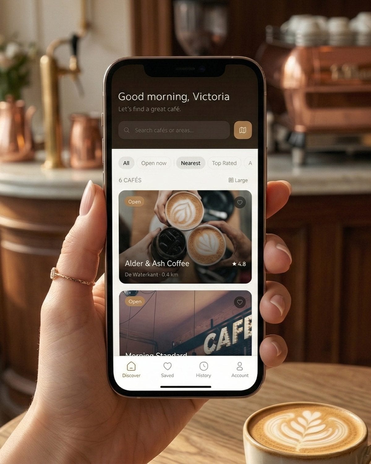 The CoffeePass app open on a phone, showing nearby cafés
